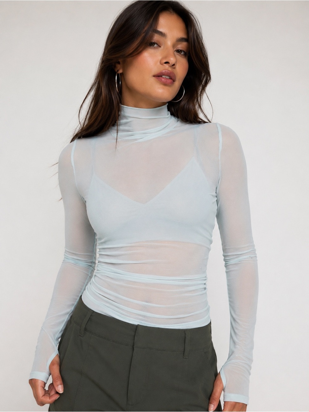 CALIA Draped Funnel Long Sleeve Mesh sheer Top Turquoise size medium thumb holes